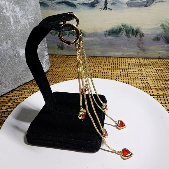 Gold Filled Red Crystal Heart Dangle Earrings - Picture 8 of 9